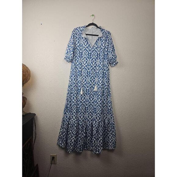 Unlisted Dresses & Skirts - NWT Boho Blue Graphic Print Maxi Dress Patterned Self-Tie Ruffle Hem